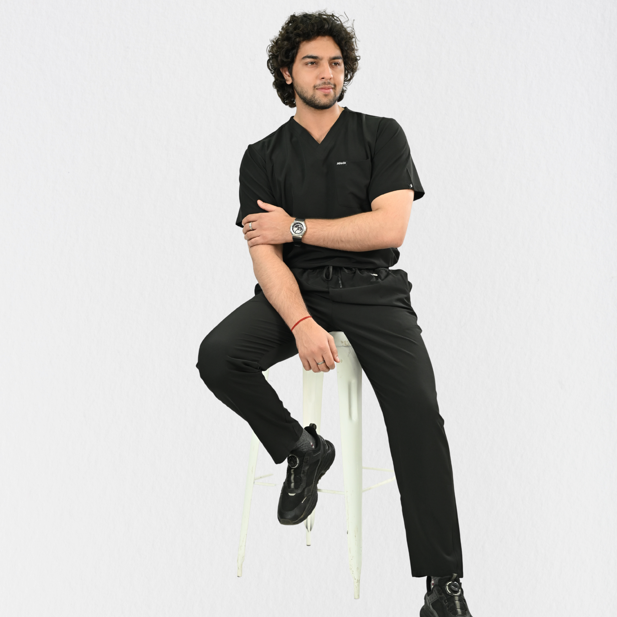 Men PrimaFlex 4 Way Stretch 8 Pocket V Neck Scrub Set - Black
