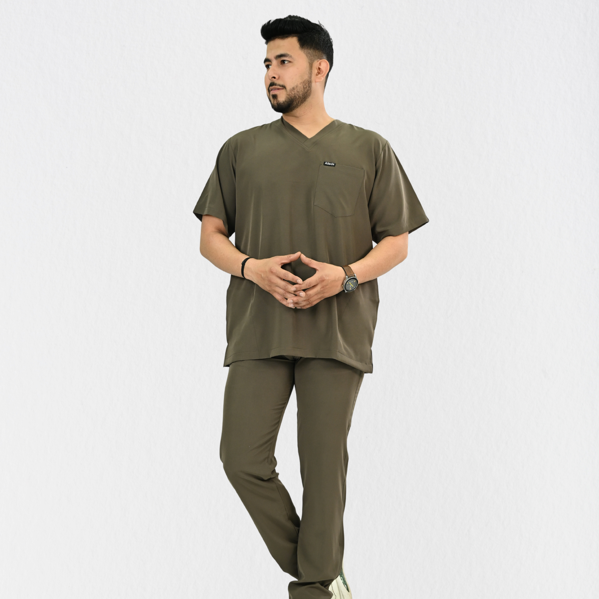 Men PrimaFlex 4 Way Stretch 8 Pocket V Neck Scrub Set - Charcoal Brown