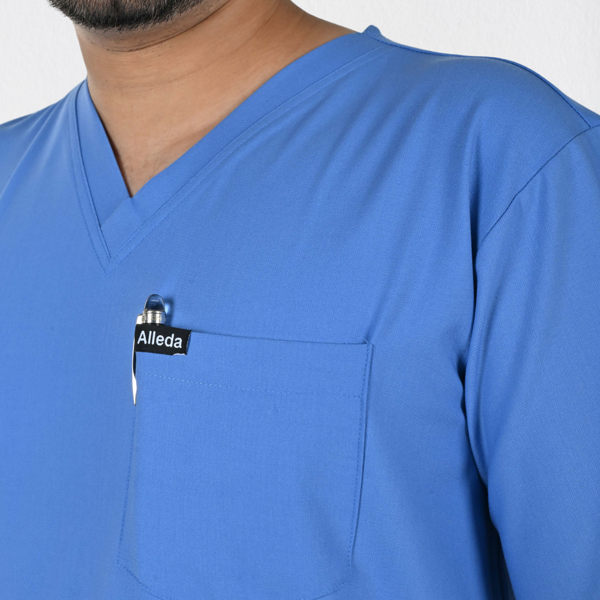 Alleda UltraFlex men's ciel blue scrub set full outfit — top and bottom independent sizing, best light blue scrubs for doctors India 2025 2026