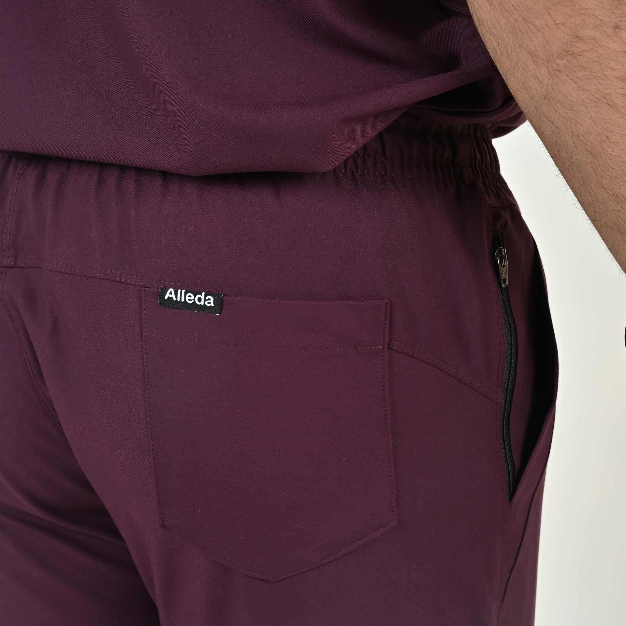 Alleda wine scrub set close-up detail — 4-way stretch Polyester Rayon Spandex physiotherapy scrubs India