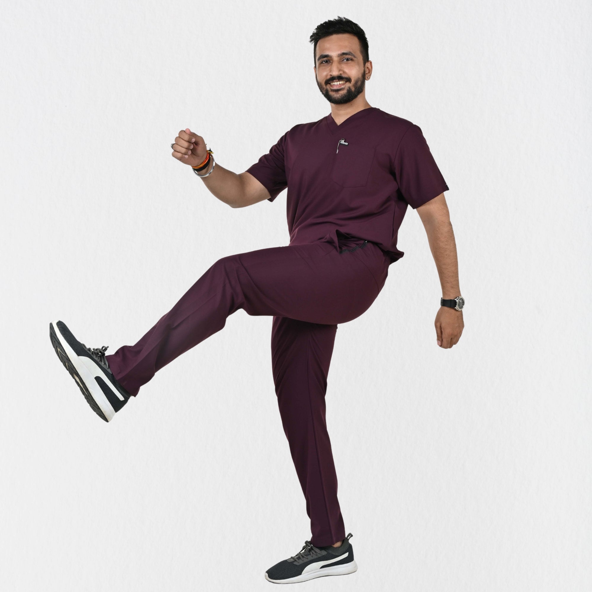 Men UltraFlex 4 Way Stretch 8 Pocket V Neck Scrub Set - Wine