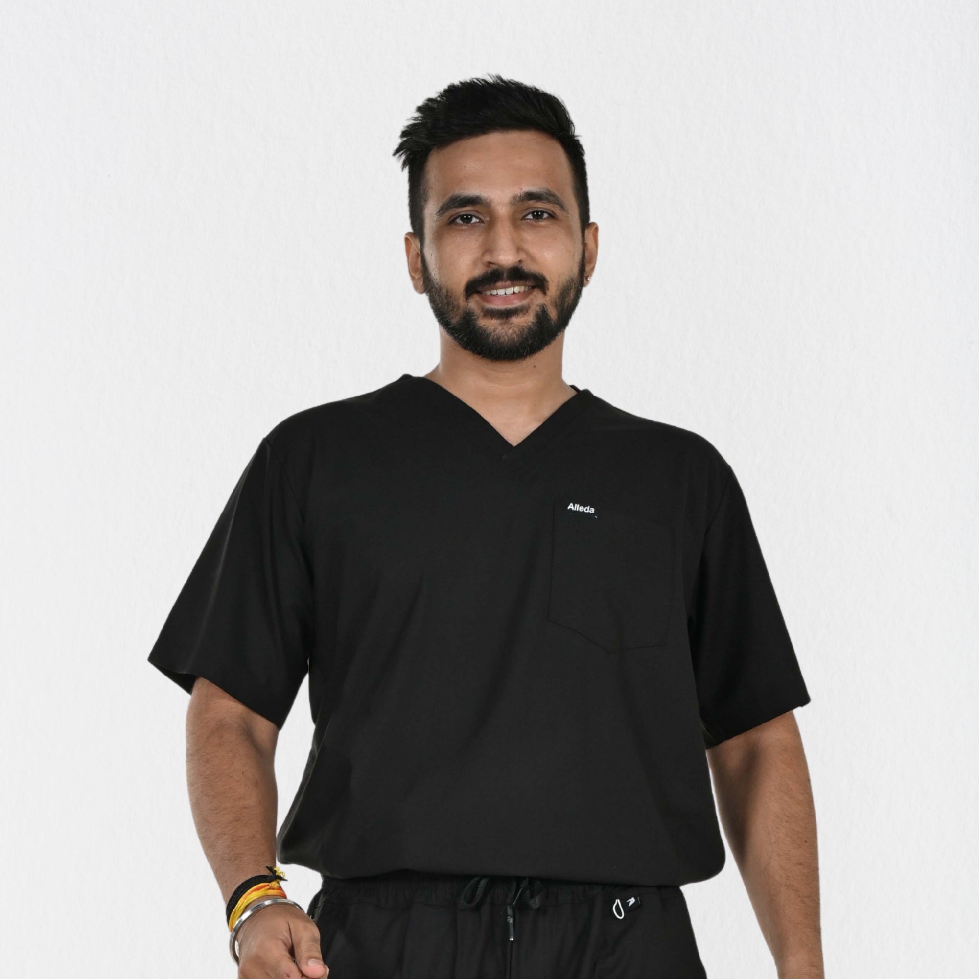 Men UltraFlex 4 Way Stretch 3 Pocket V Neck Scrub Top - Black