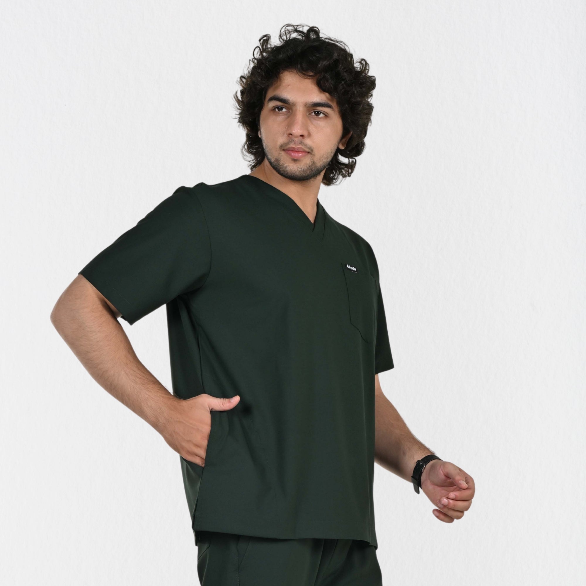 Men UltraFlex 4 Way Stretch 3 Pocket V Neck Scrub Top - Forest Green