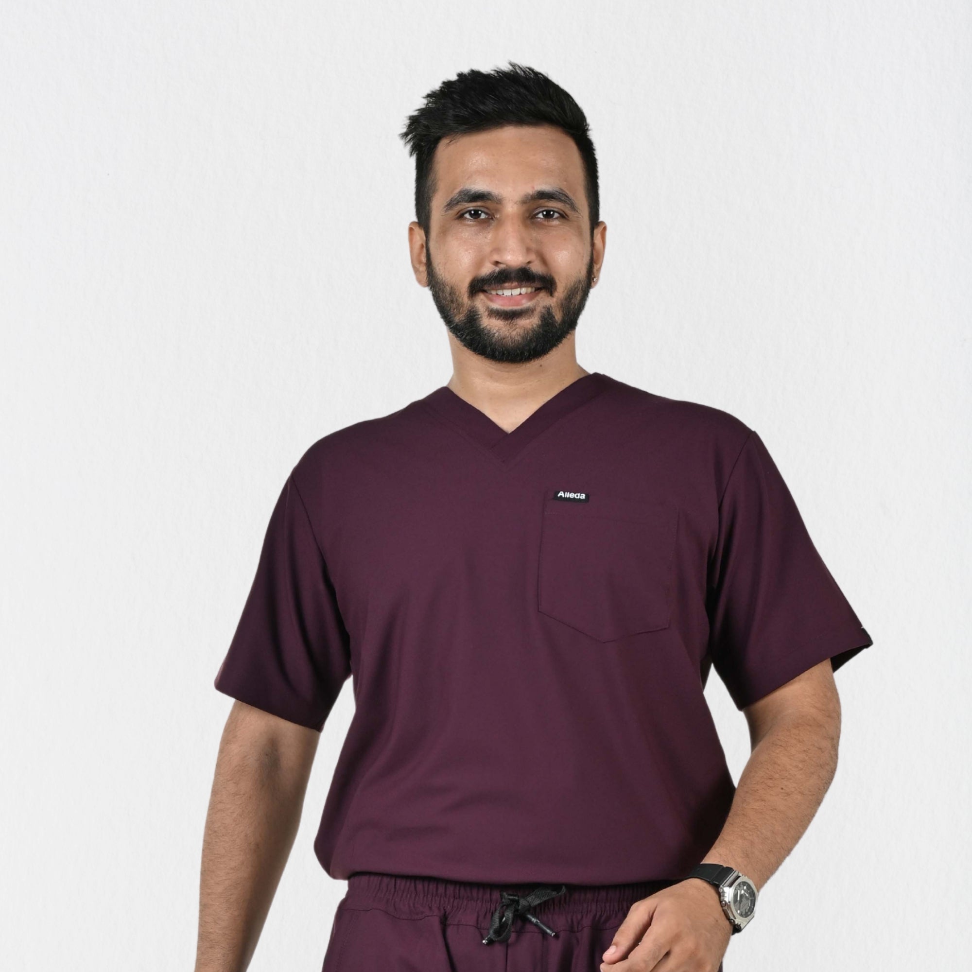 Men UltraFlex 4 Way Stretch 3 Pocket V Neck Scrub Top - Wine