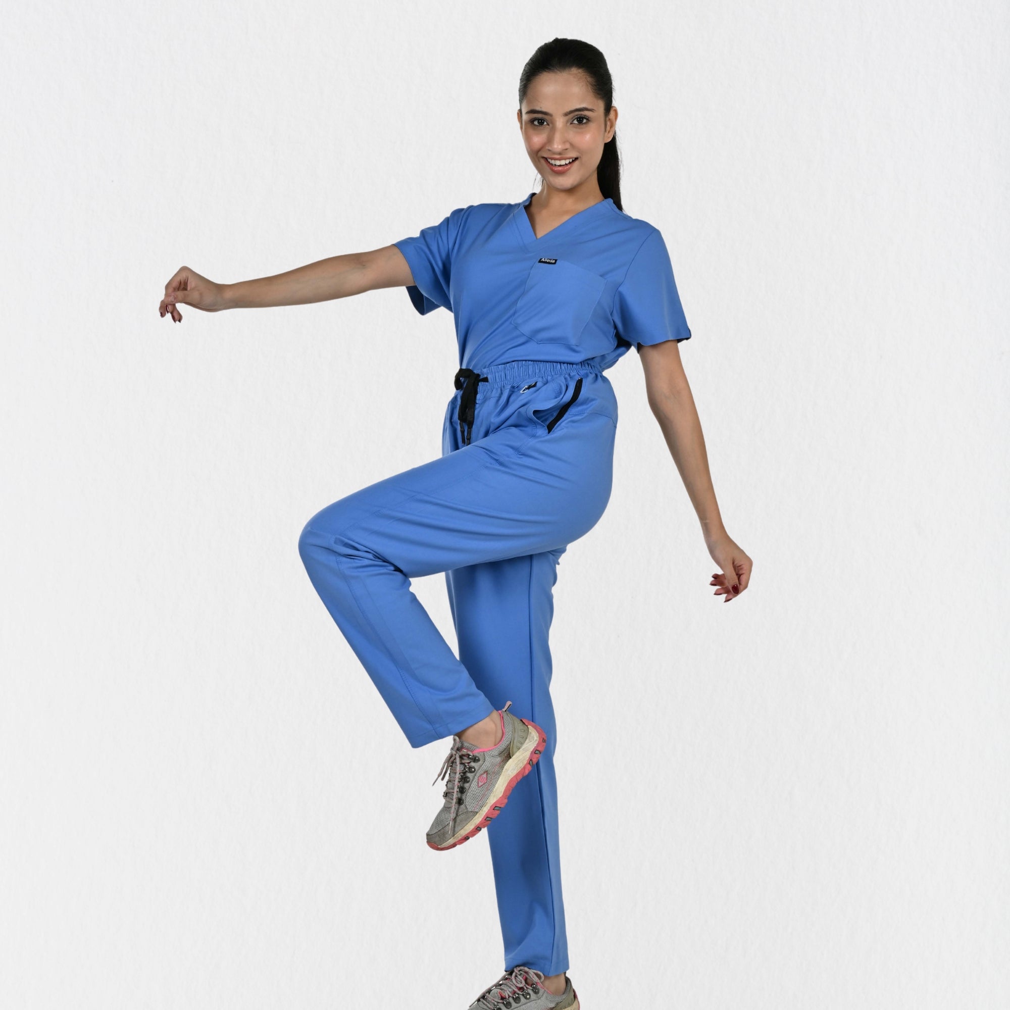 Women UltraFlex 4 Way Stretch 8 Pocket V Neck Scrub Set - Ciel Blue
