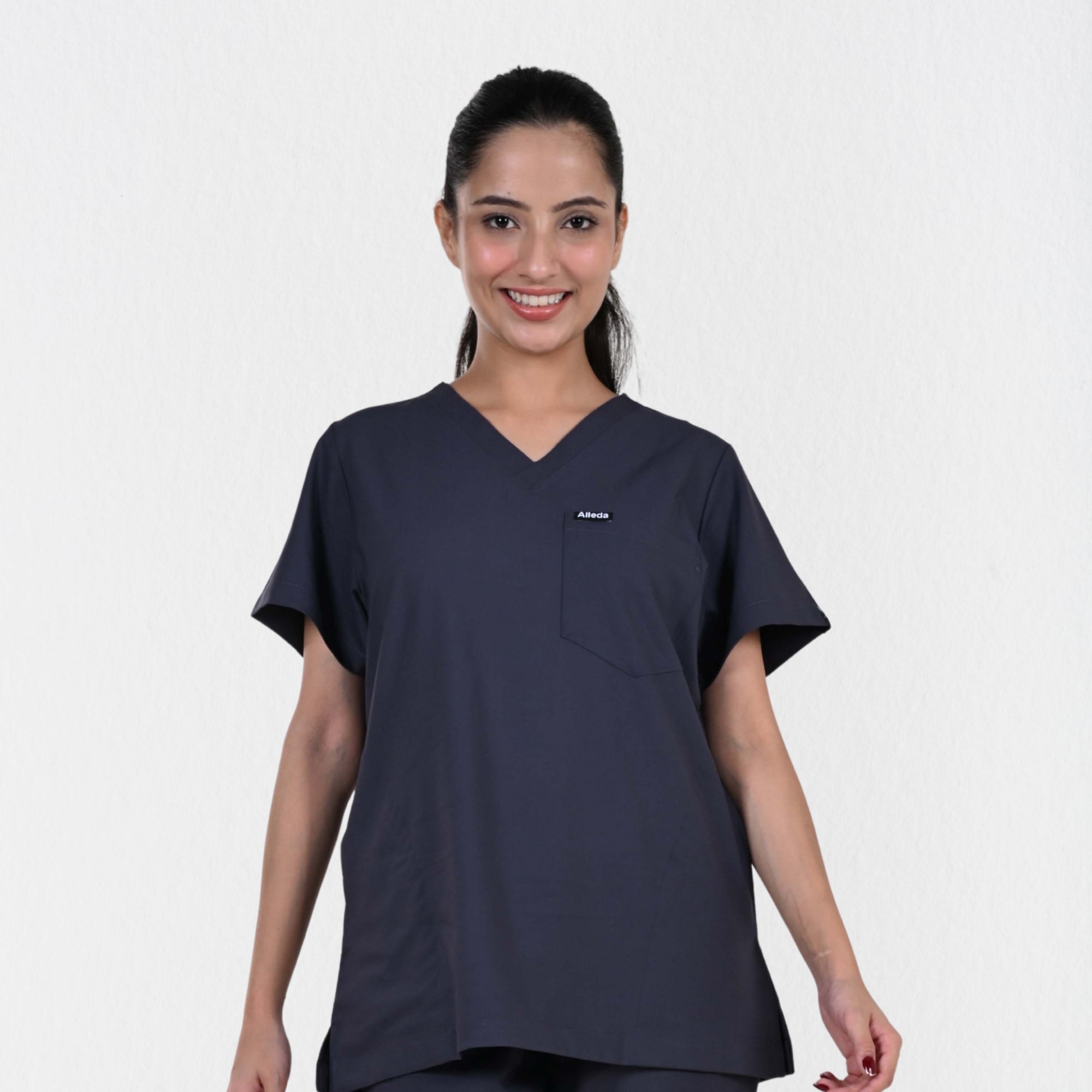 Women UltraFlex 4 Way Stretch 3 Pocket V Neck Scrub Top - Heather Grey