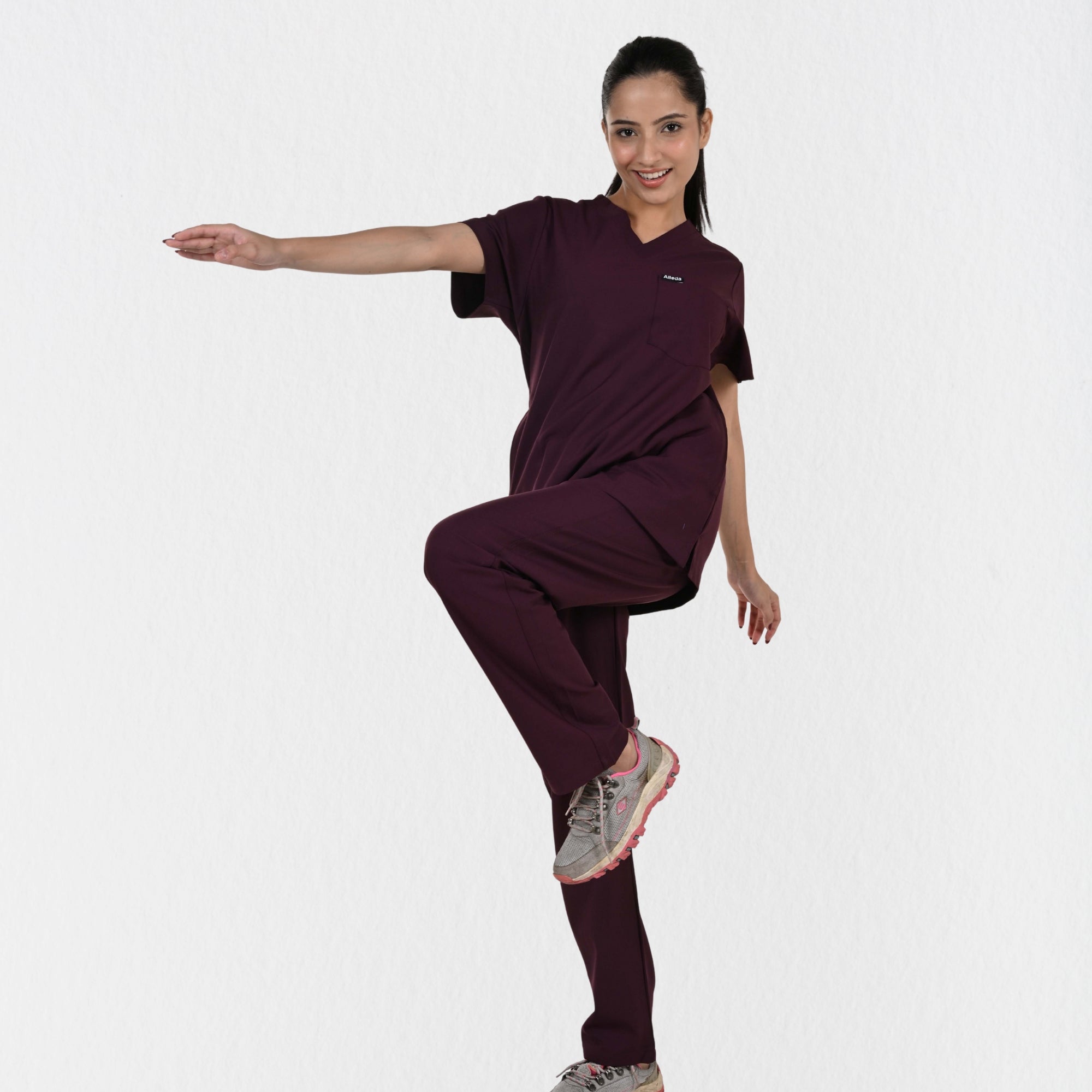 Alleda UltraFlex women's wine scrub bottom detail — independent sizing women's tailored fit deep wine clinical trousers India