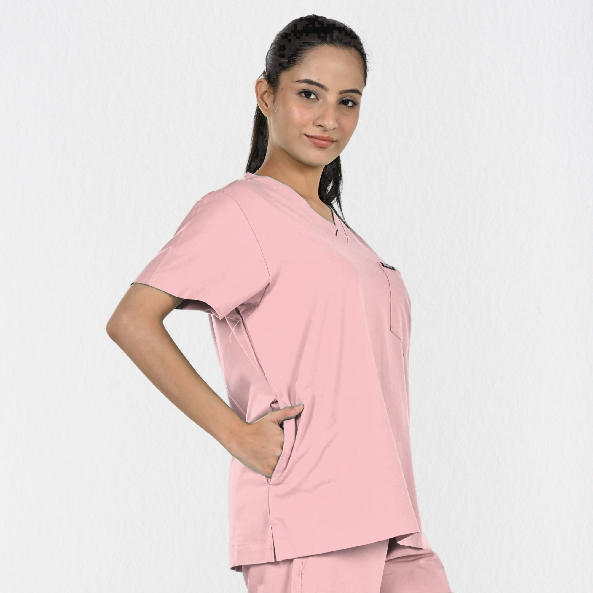 Women UltraFlex 4 Way Stretch 3 Pocket V Neck Scrub Top - Pastel Pink