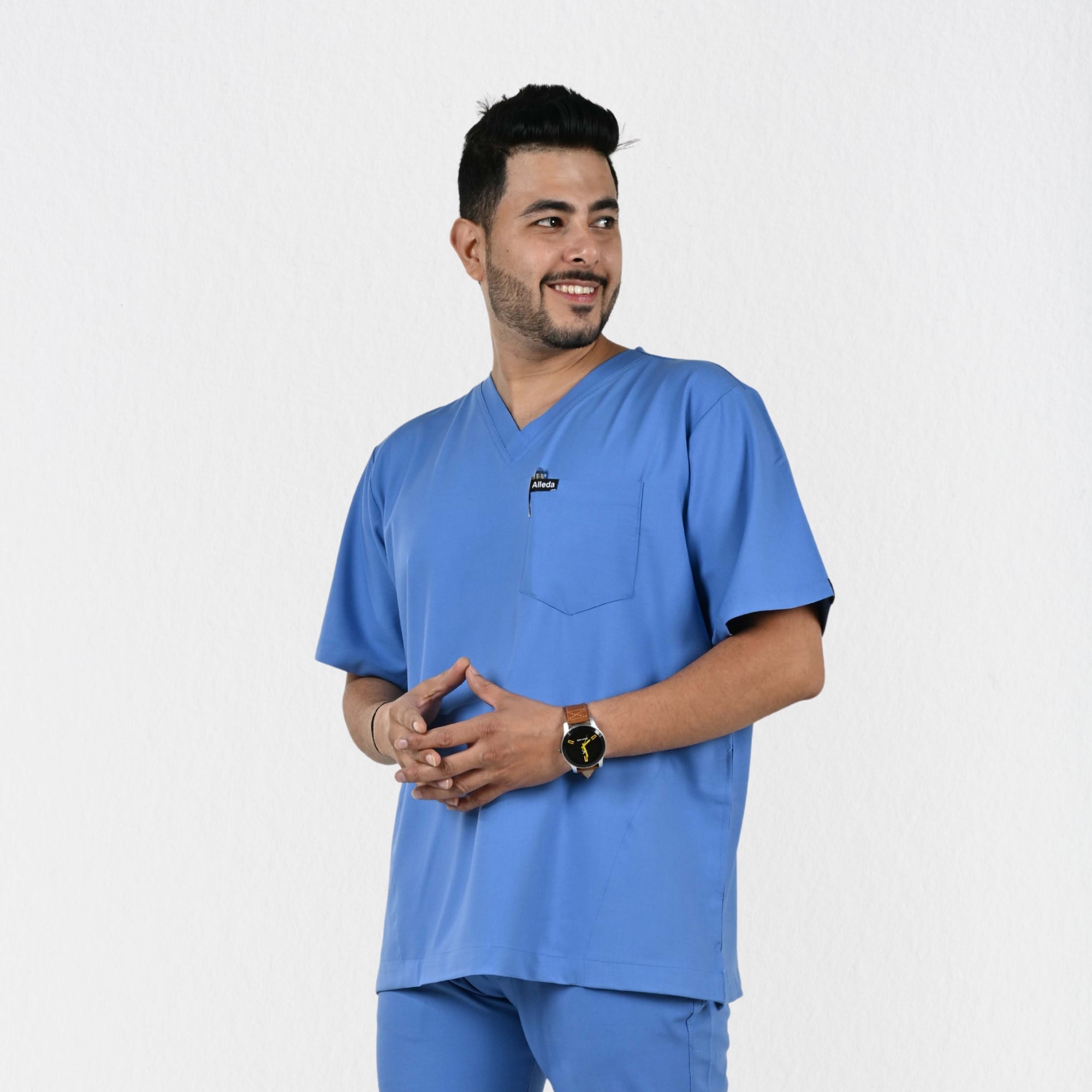 Men UltraFlex 4 Way Stretch 3 Pocket V Neck Scrub Top - Ciel Blue