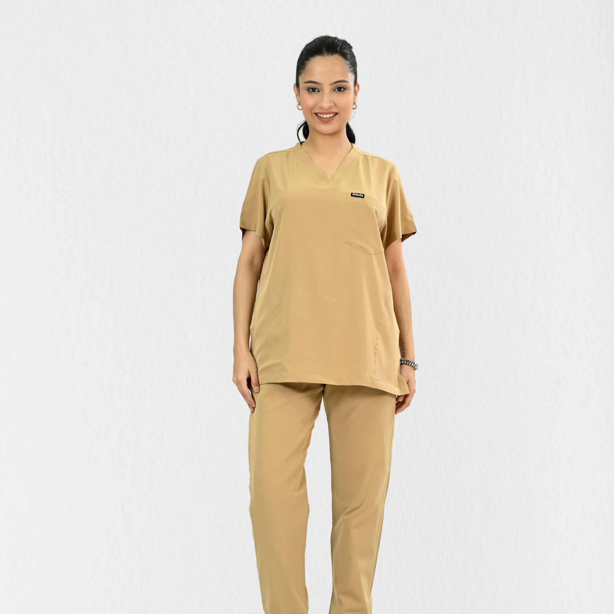 Women PrimaFlex 4 Way Stretch 8 Pocket V Neck Scrub Set - Beige