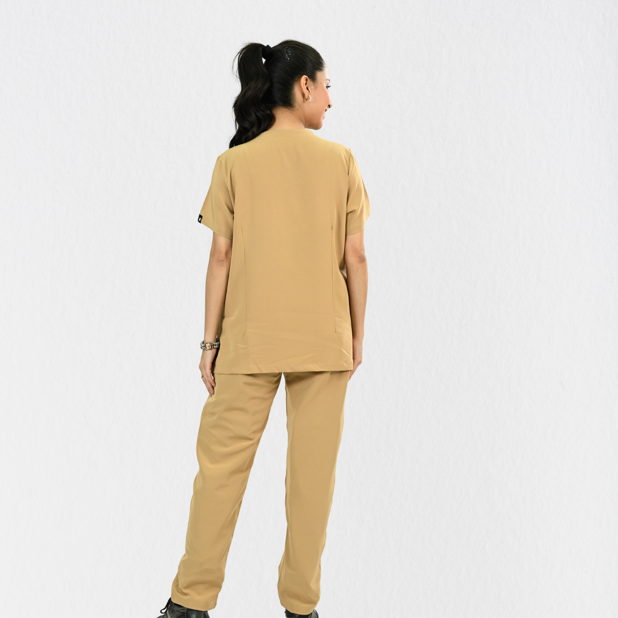 Women PrimaFlex 4 Way Stretch 8 Pocket V Neck Scrub Set - Beige
