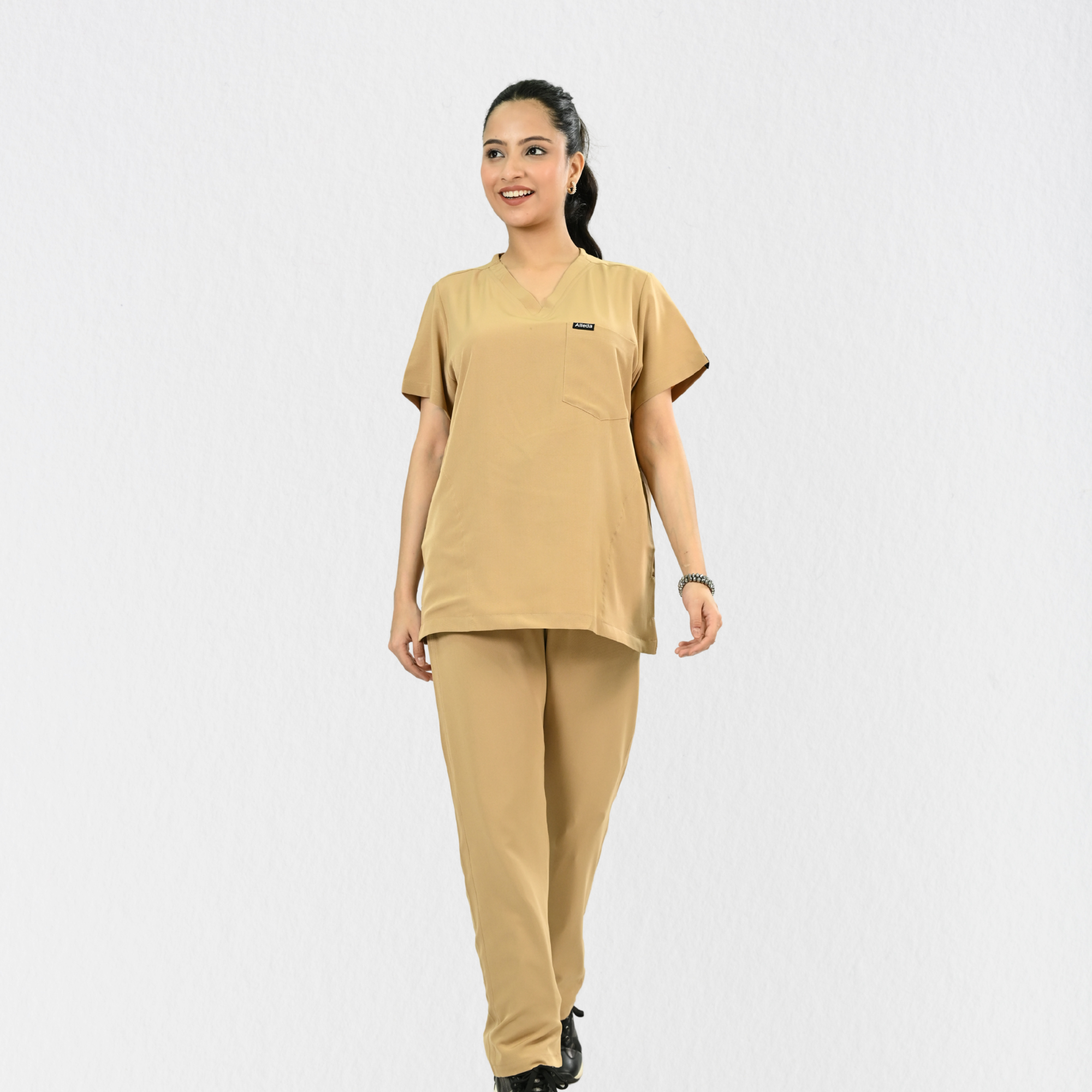 Women PrimaFlex 4 Way Stretch 8 Pocket V Neck Scrub Set - Beige
