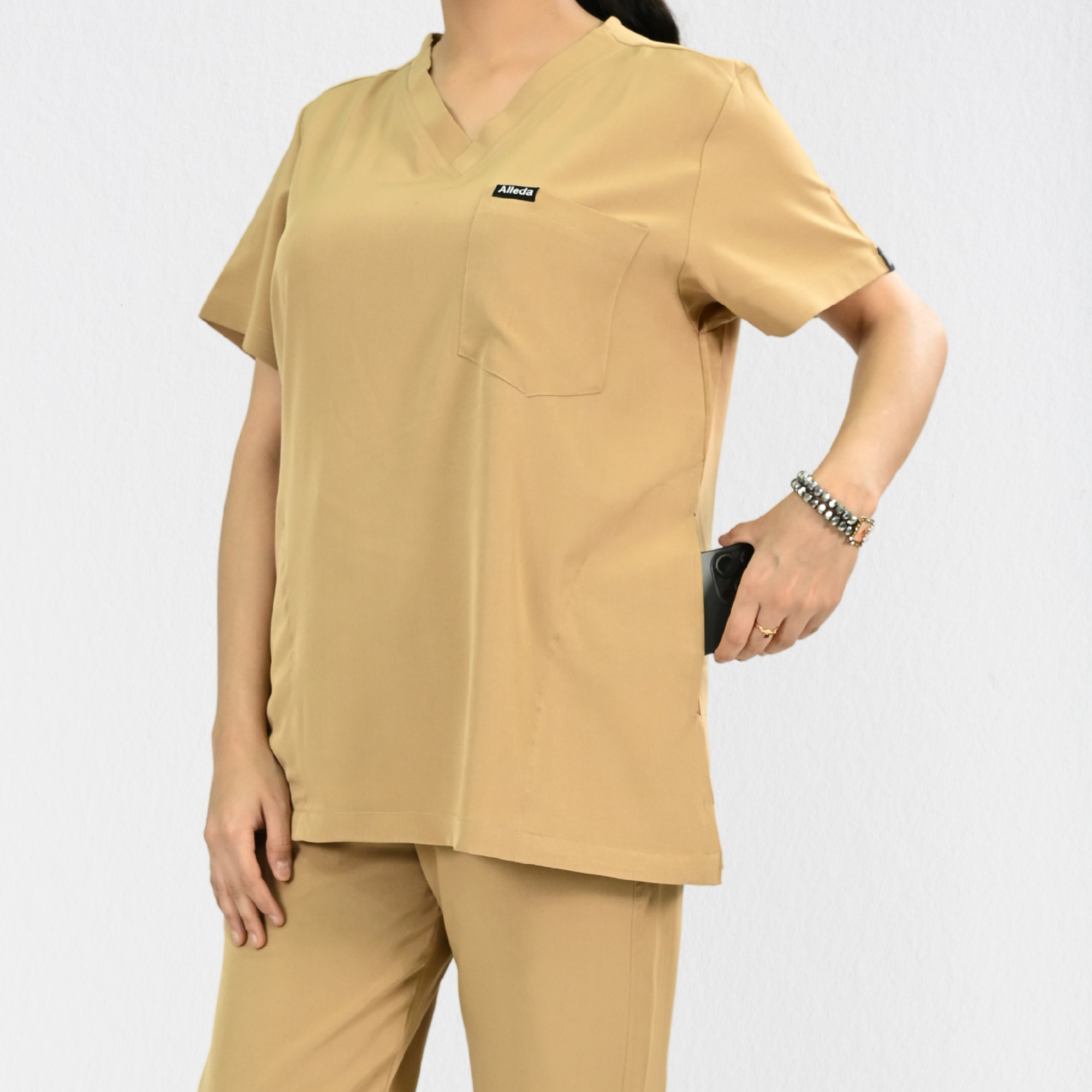 Women PrimaFlex 4 Way Stretch 3 Pocket Scrub Top - Beige