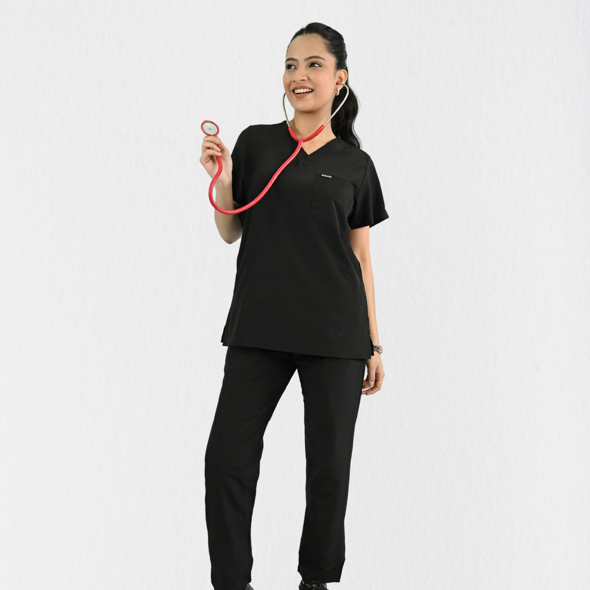 Women PrimaFlex 4 Way Stretch 8 Pocket V Neck Scrub Set - Black