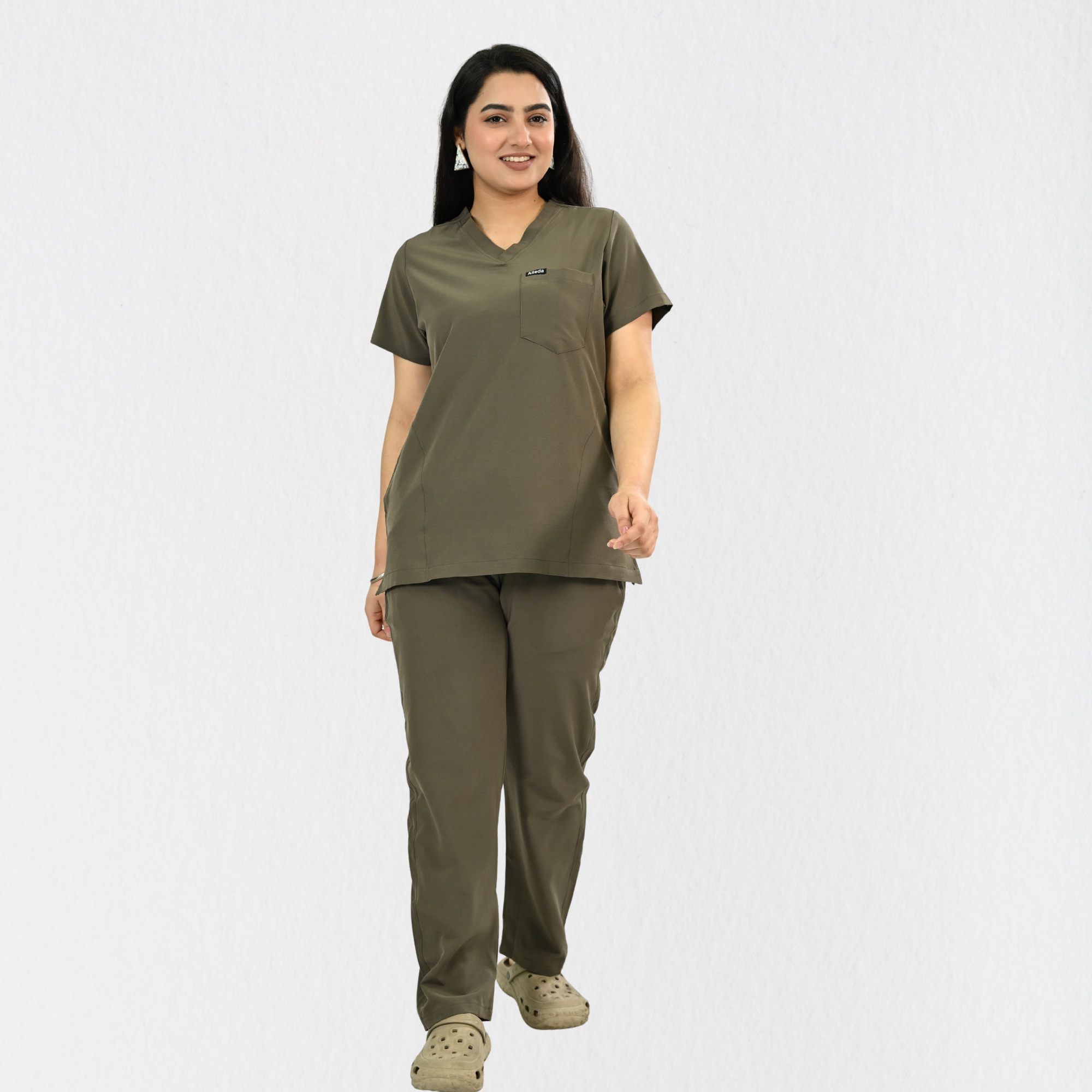 Women PrimaFlex 4 Way Stretch 8 Pocket V Neck Scrub Set - Charcoal Brown