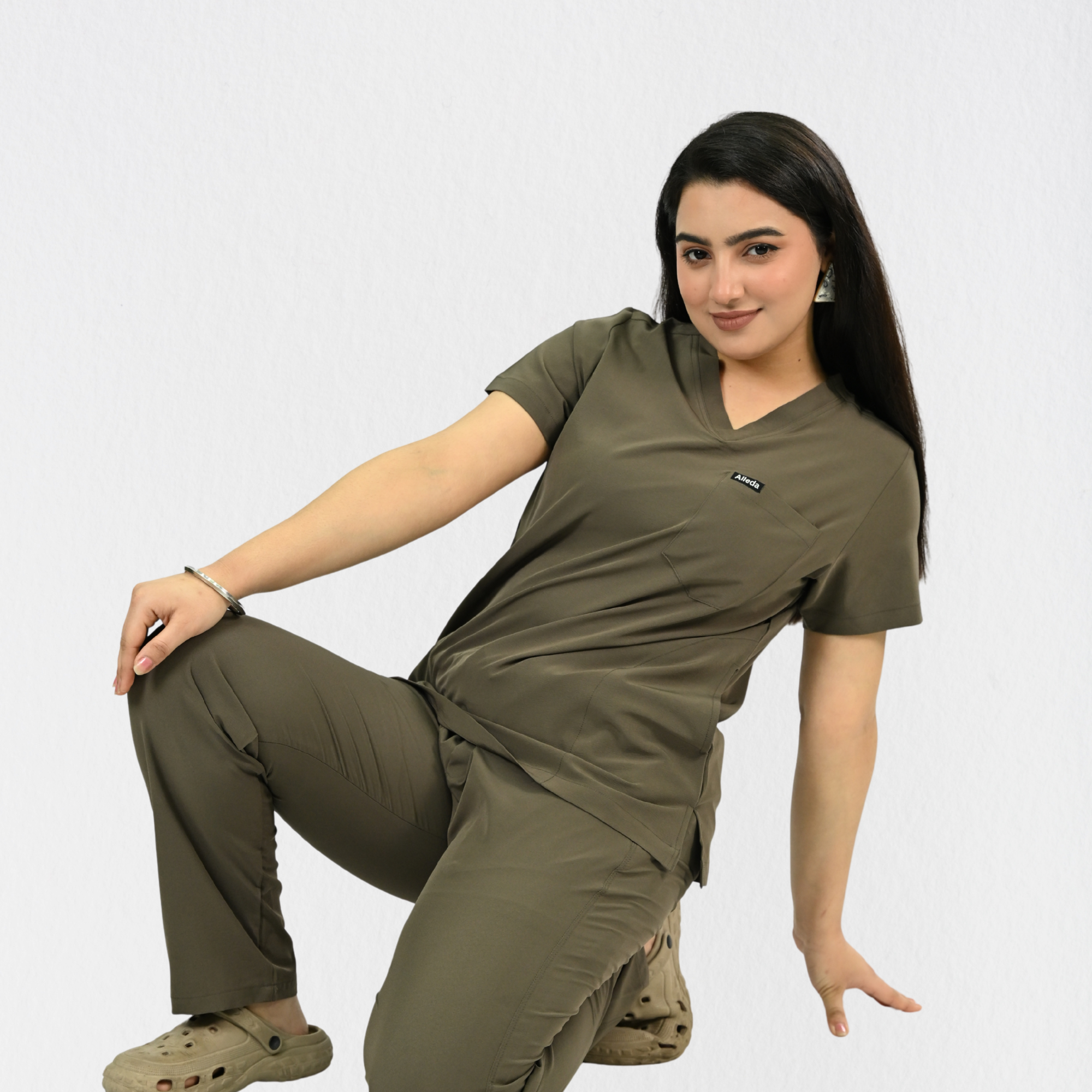 Women PrimaFlex 4 Way Stretch 8 Pocket V Neck Scrub Set - Charcoal Brown