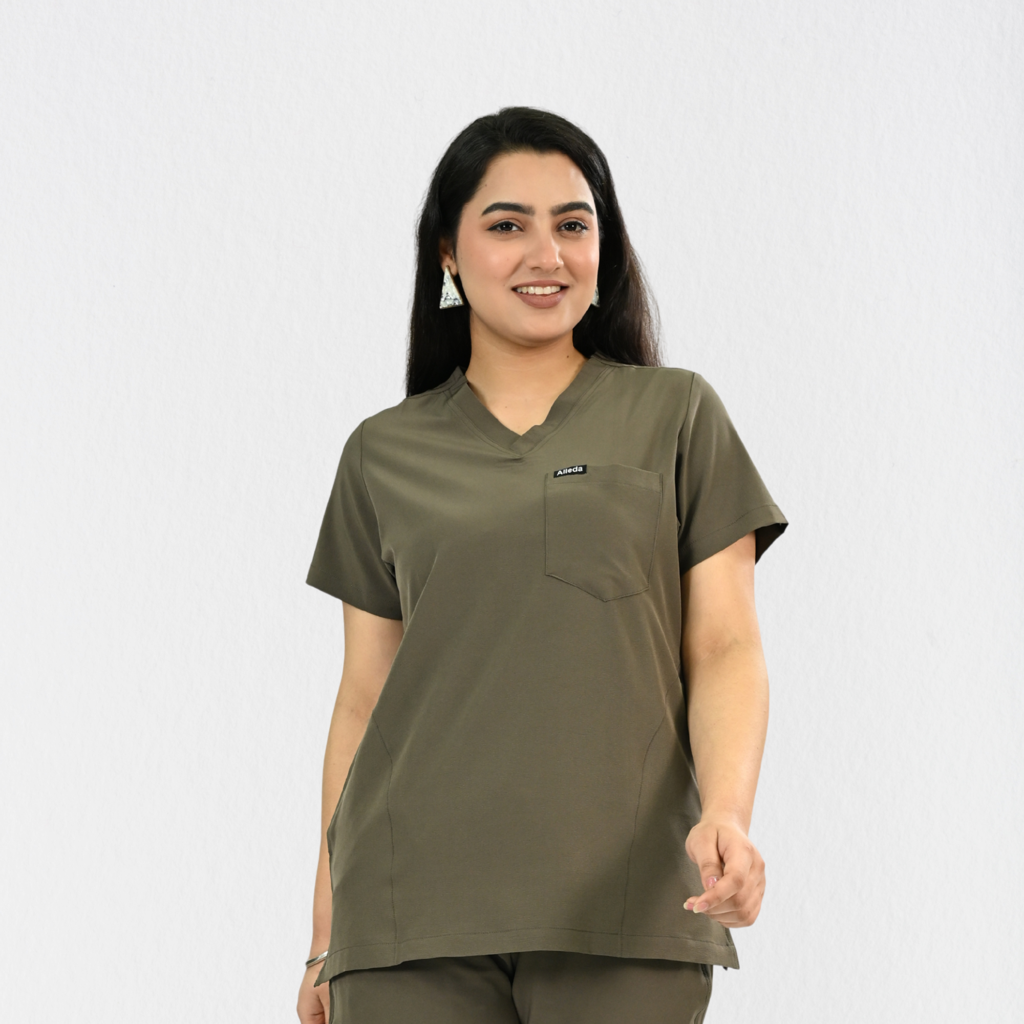 Women PrimaFlex 4 Way Stretch 3 Pocket Scrub Top - Charcoal Brown