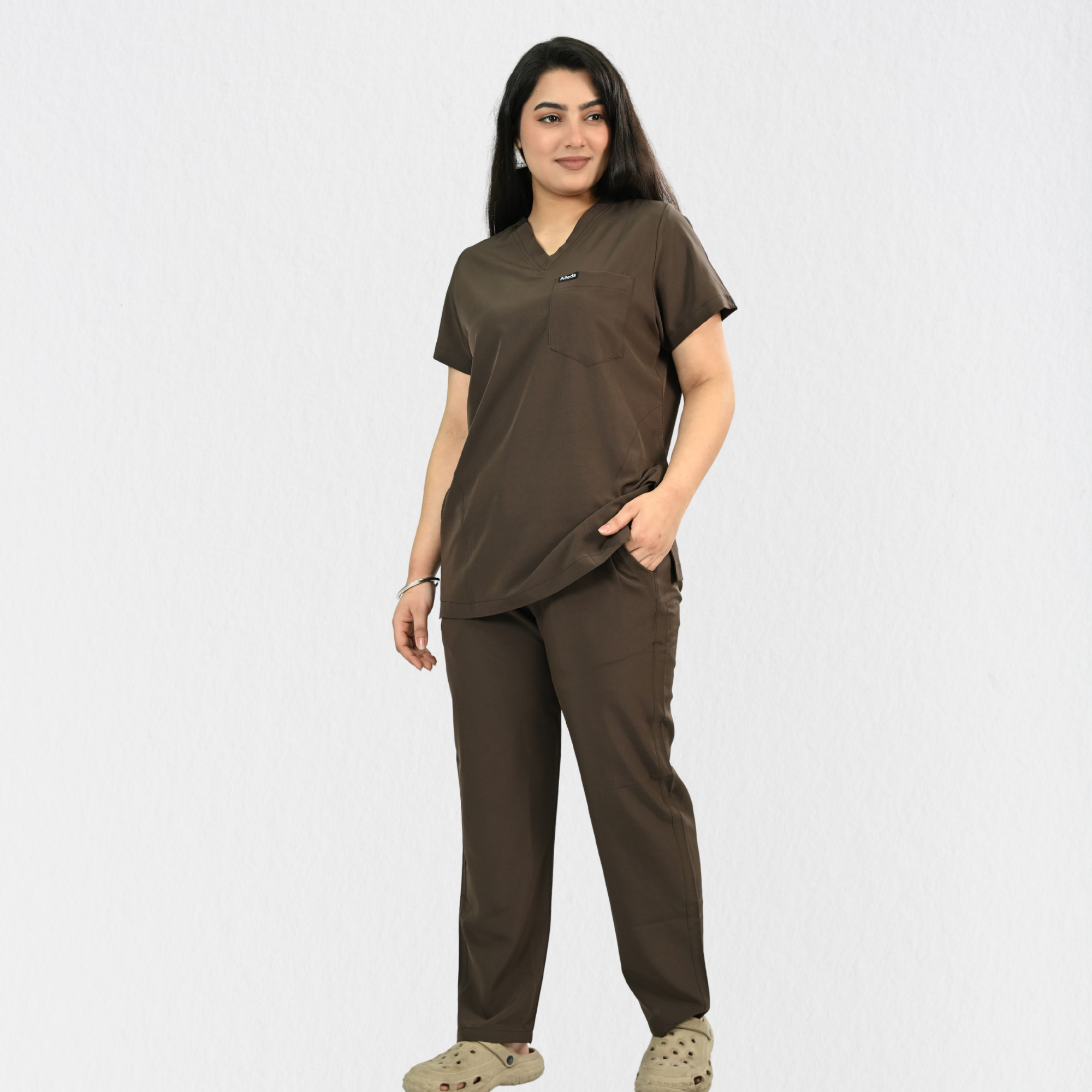 Women PrimaFlex 4 Way Stretch 8 Pocket V Neck Scrub Set - Dark Brown
