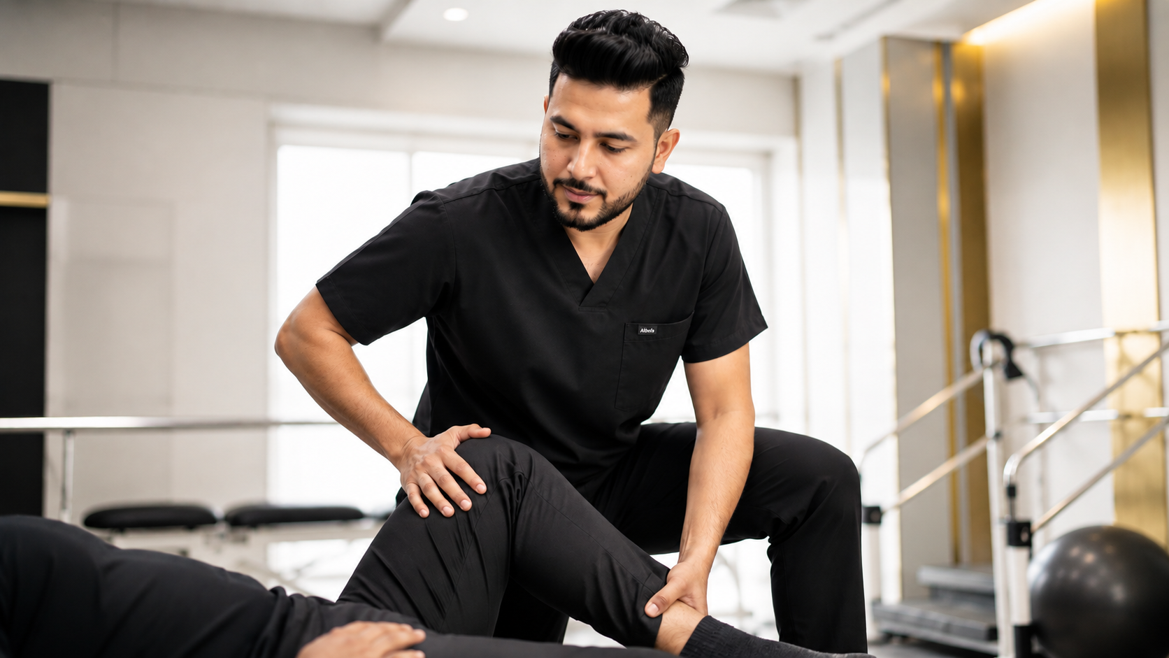 Indian Physiotherapist Wearing Best Medical Scrubs in India performing manual therapy to a patient wearing Black color Alleda Scrubs PrimaFlex
