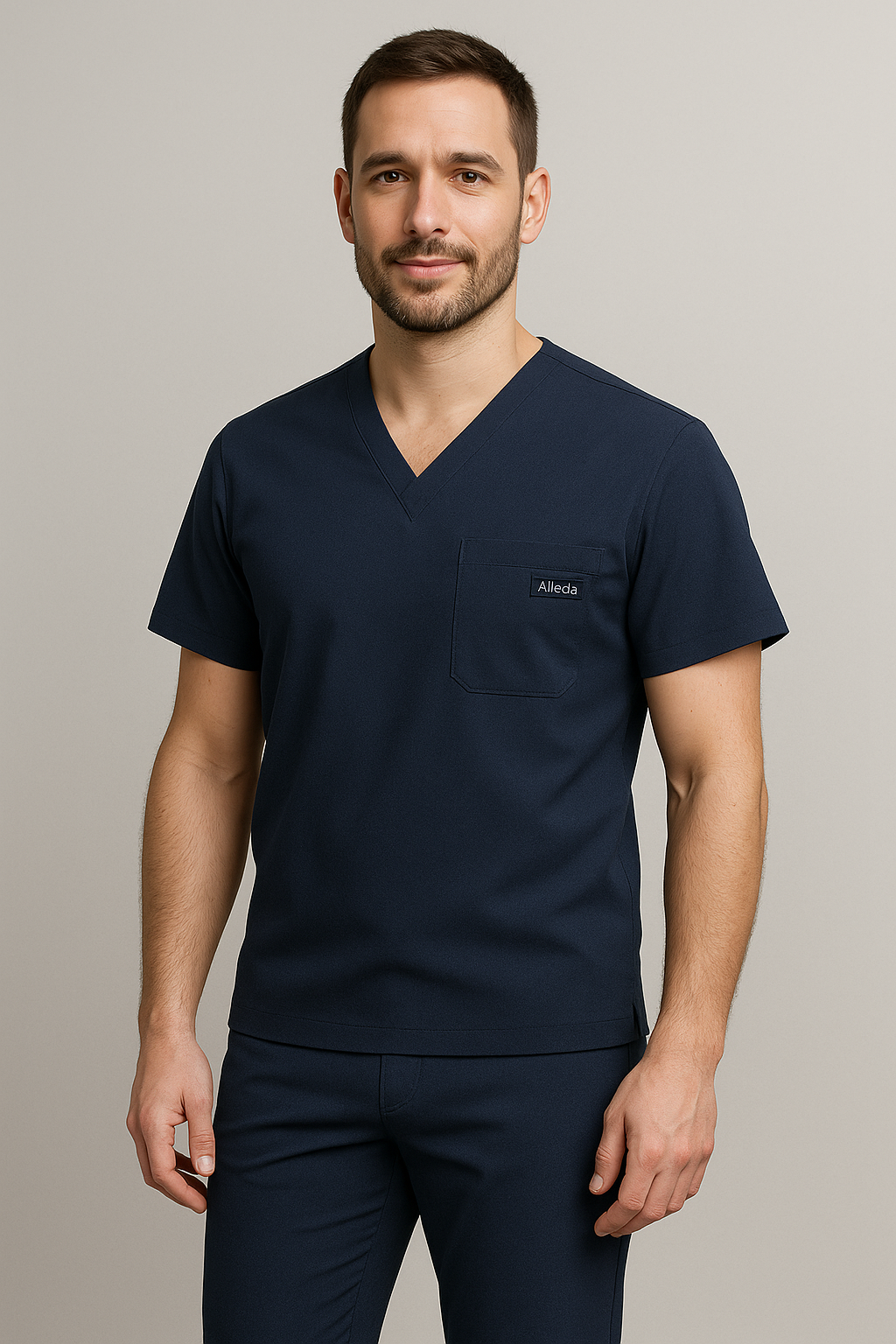 Men UltraFlex 4 Way Stretch 3 Pocket V Neck Scrub Top - Navy Blue