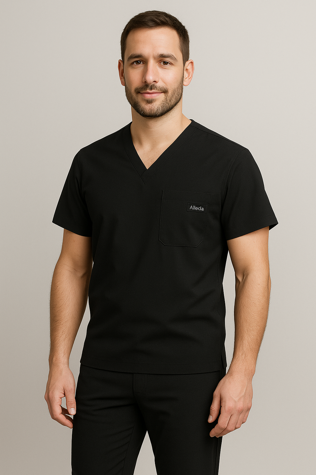 Men UltraFlex 4 Way Stretch 3 Pocket V Neck Scrub Top - Black