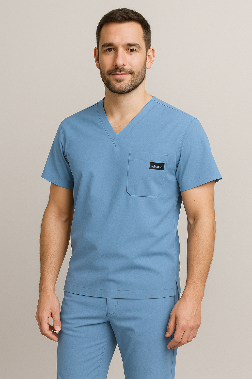 Men UltraFlex 4 Way Stretch 3 Pocket V Neck Scrub Top - Ciel Blue