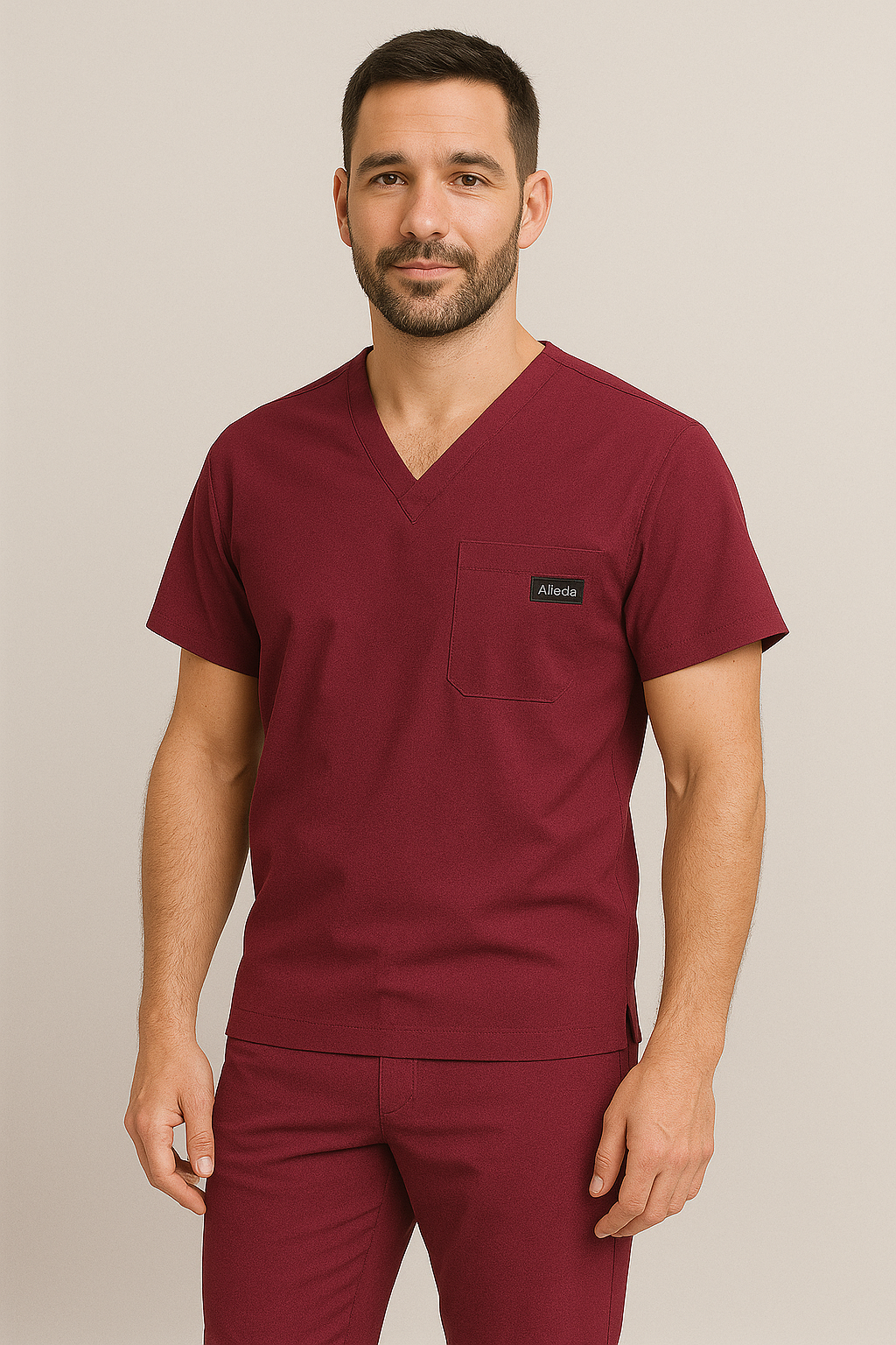 Men UltraFlex 4 Way Stretch 3 Pocket V Neck Scrub Top - Wine