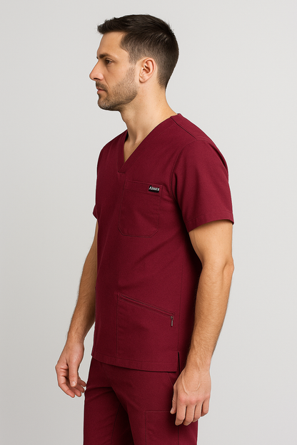 Men UltraFlex 4 Way Stretch 3 Pocket V Neck Scrub Top - Wine