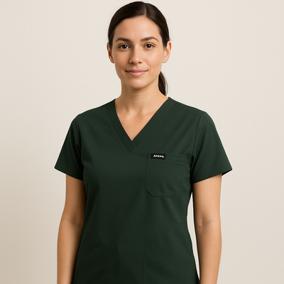 Women UltraFlex 4 Way Stretch 3 Pocket V Neck Scrub Top - Forest Green
