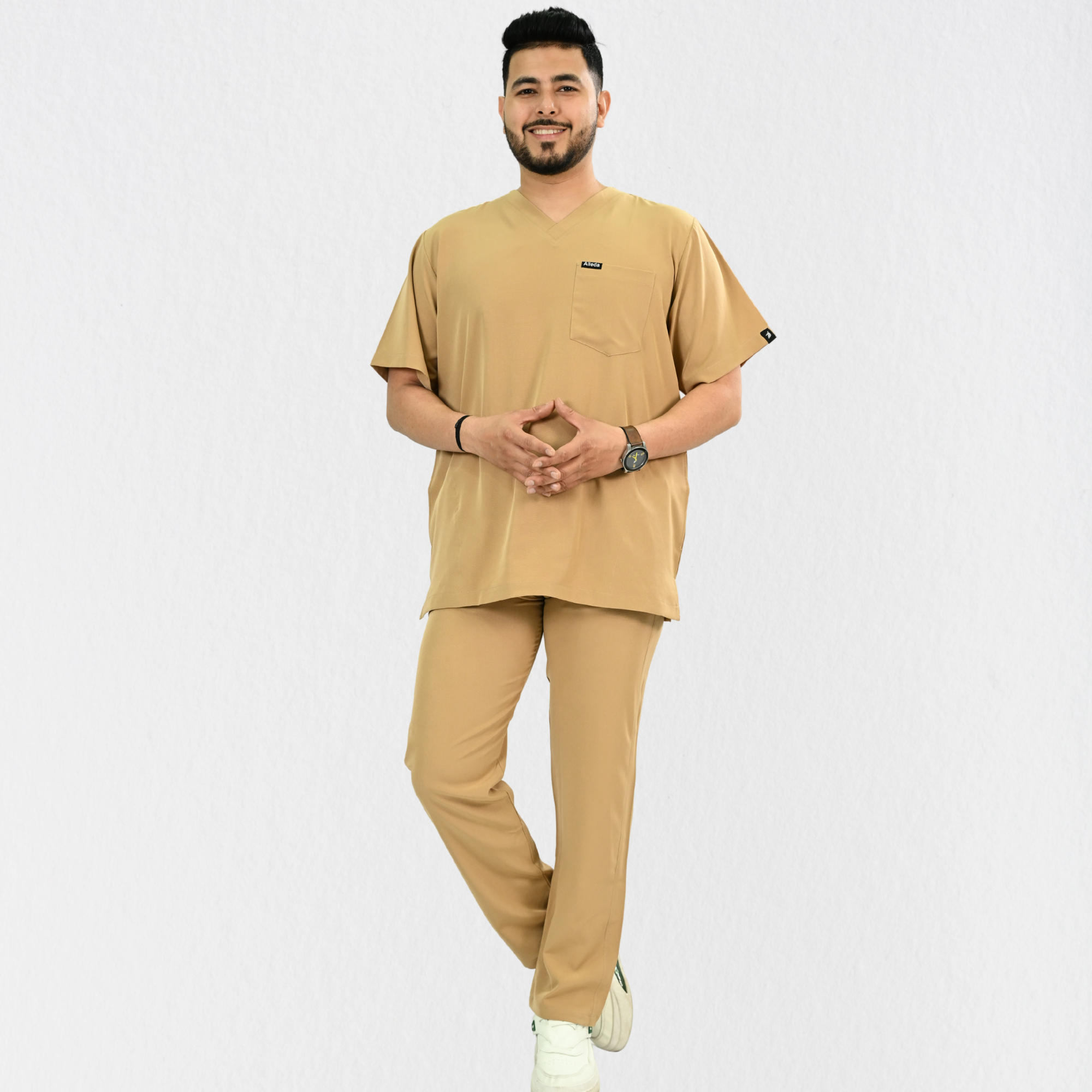 Men PrimaFlex 4 Way Stretch 8 Pocket V Neck Scrub Set - Beige
