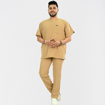 Men PrimaFlex 4 Way Stretch 8 Pocket V Neck Scrub Set - Beige