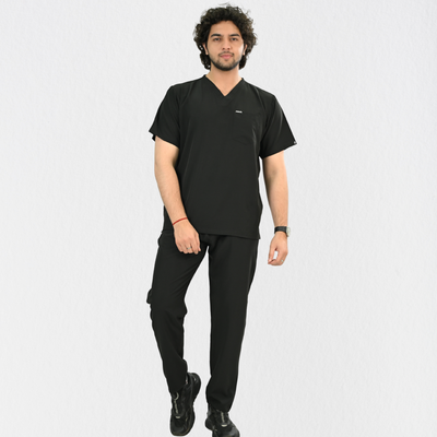 Men PrimaFlex 4 Way Stretch 8 Pocket V Neck Scrub Set - Black