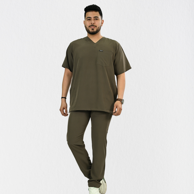 Men PrimaFlex 4 Way Stretch 8 Pocket V Neck Scrub Set - Charcoal Brown