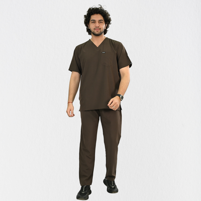 Men PrimaFlex 4 Way Stretch 8 Pocket V Neck Scrub Set - Dark Brown