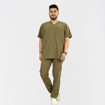 Men PrimaFlex 4 Way Stretch 8 Pocket V Neck Scrub Set - Khaki