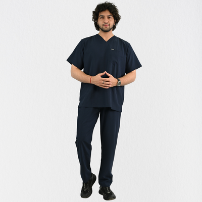 Men PrimaFlex 4 Way Stretch 8 Pocket V Neck Scrub Set - Navy Blue