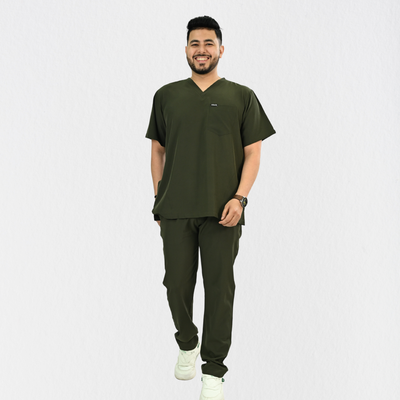 Men PrimaFlex 4 Way Stretch 8 Pocket V Neck Scrub Set - Olive