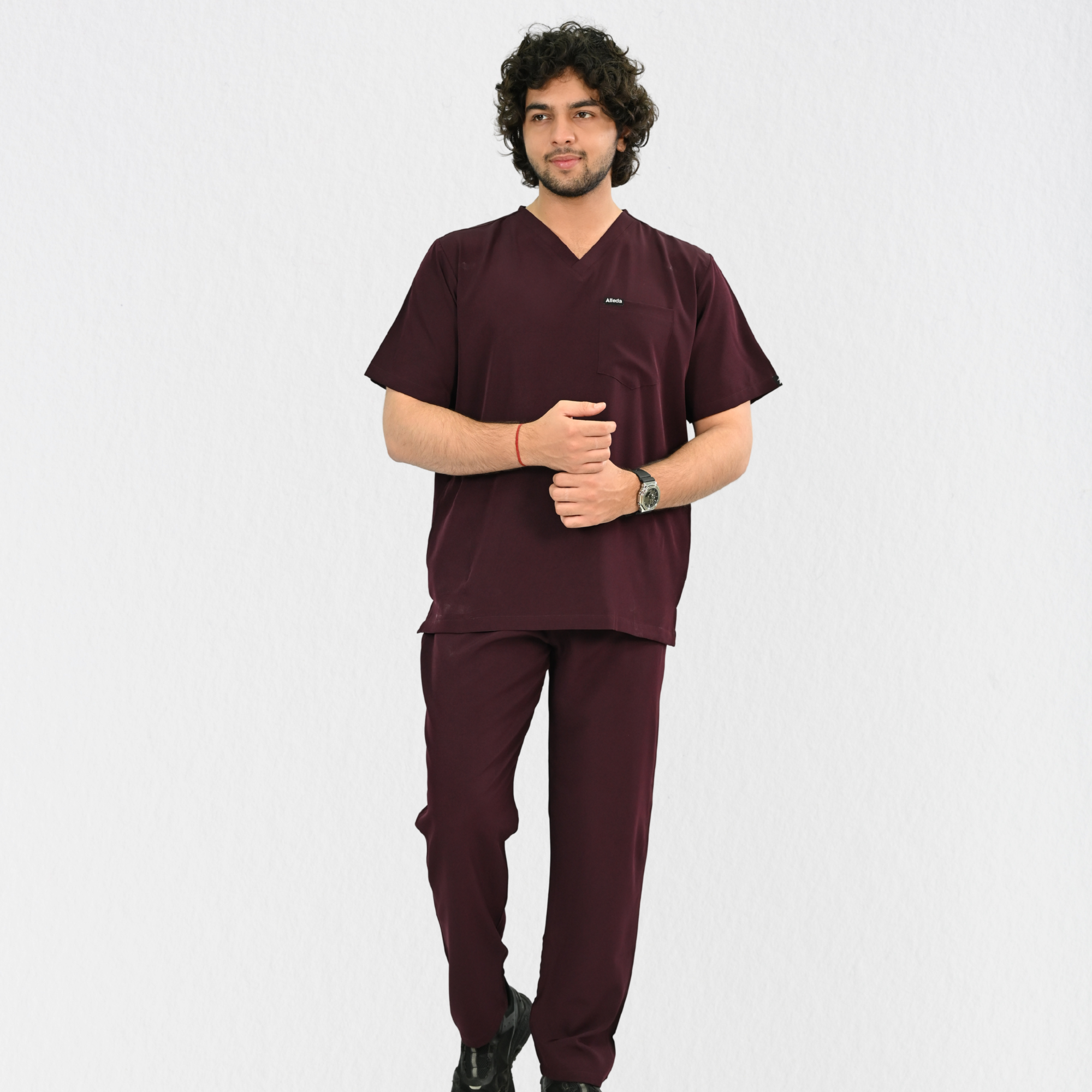 Men PrimaFlex 4 Way Stretch 8 Pocket V Neck Scrub Set - Wine