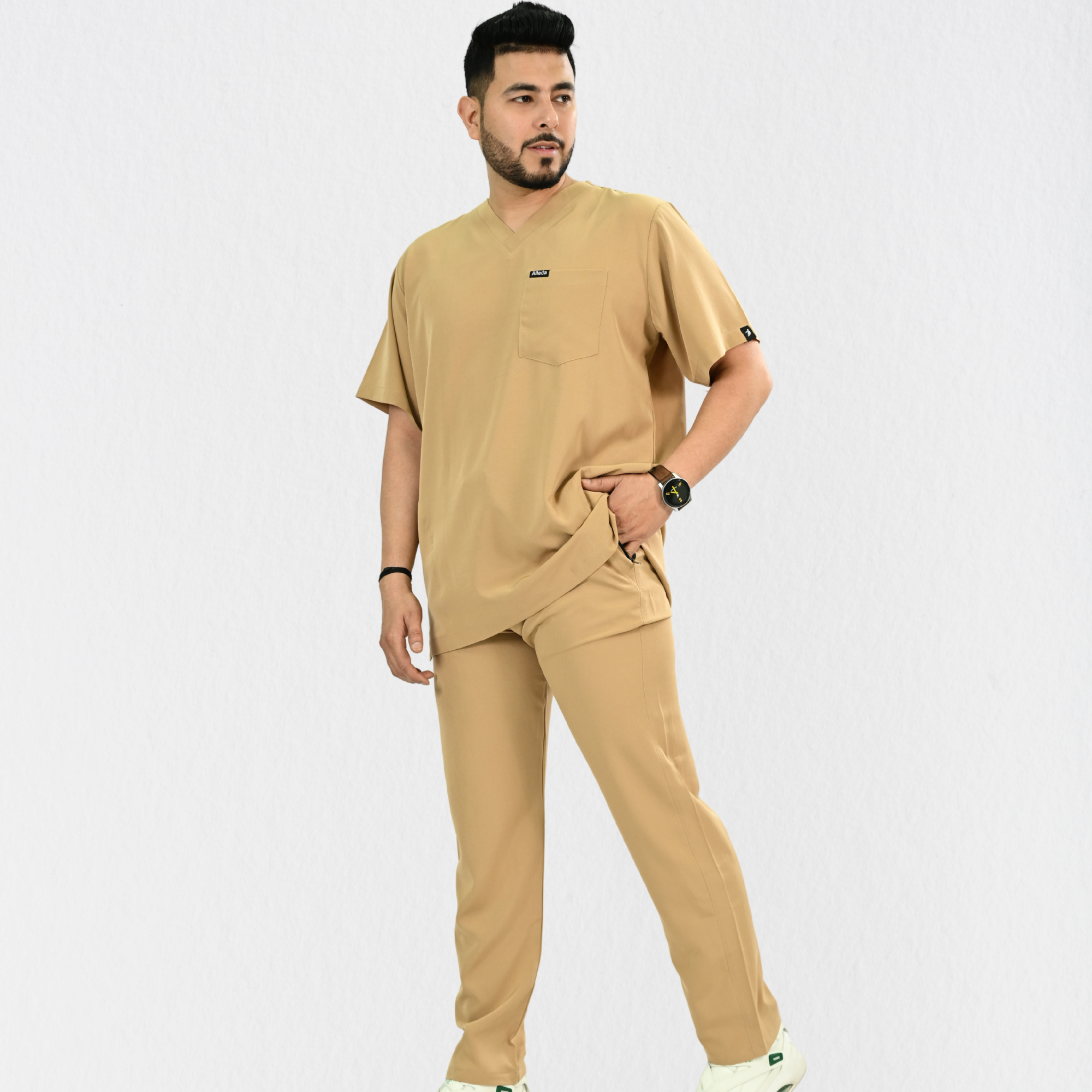 Men PrimaFlex 4 Way Stretch 8 Pocket V Neck Scrub Set - Beige