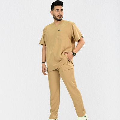 Men PrimaFlex 4 Way Stretch 8 Pocket V Neck Scrub Set - Beige