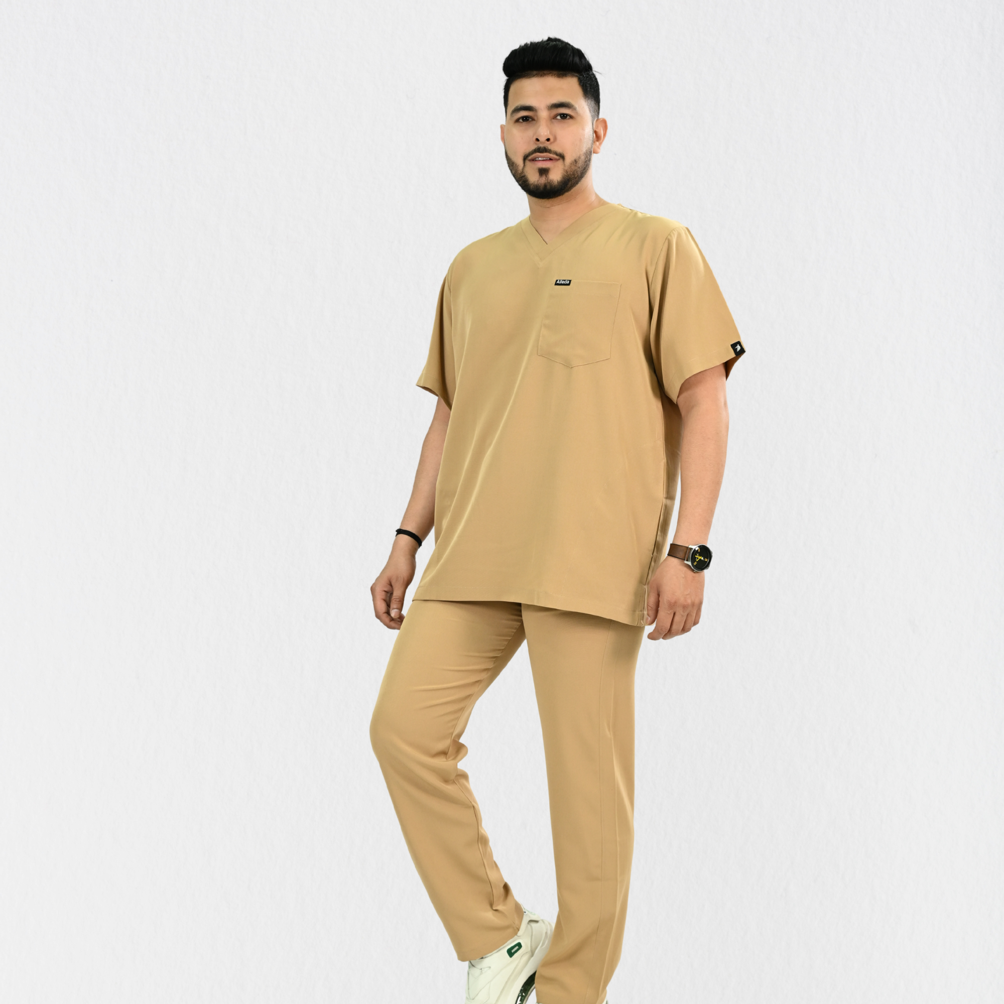 Men PrimaFlex 4 Way Stretch 8 Pocket V Neck Scrub Set - Beige