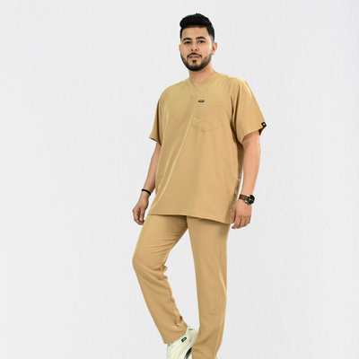 Men PrimaFlex 4 Way Stretch 8 Pocket V Neck Scrub Set - Beige