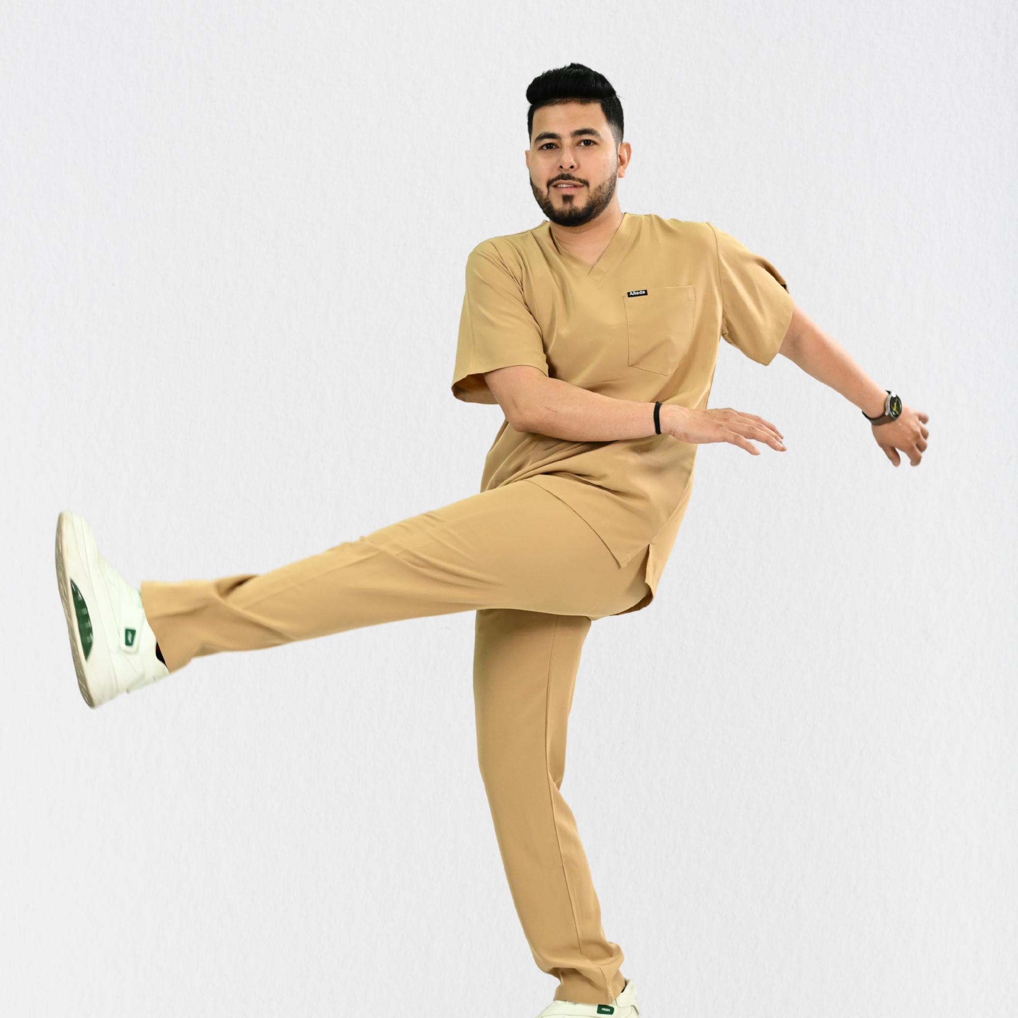 Men PrimaFlex 4 Way Stretch 8 Pocket V Neck Scrub Set - Beige