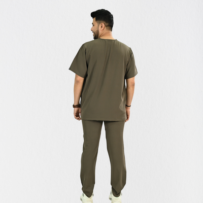 Men PrimaFlex 4 Way Stretch 8 Pocket V Neck Scrub Set - Charcoal Brown