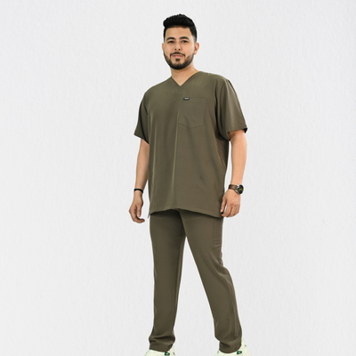 Men PrimaFlex 4 Way Stretch 8 Pocket V Neck Scrub Set - Charcoal Brown
