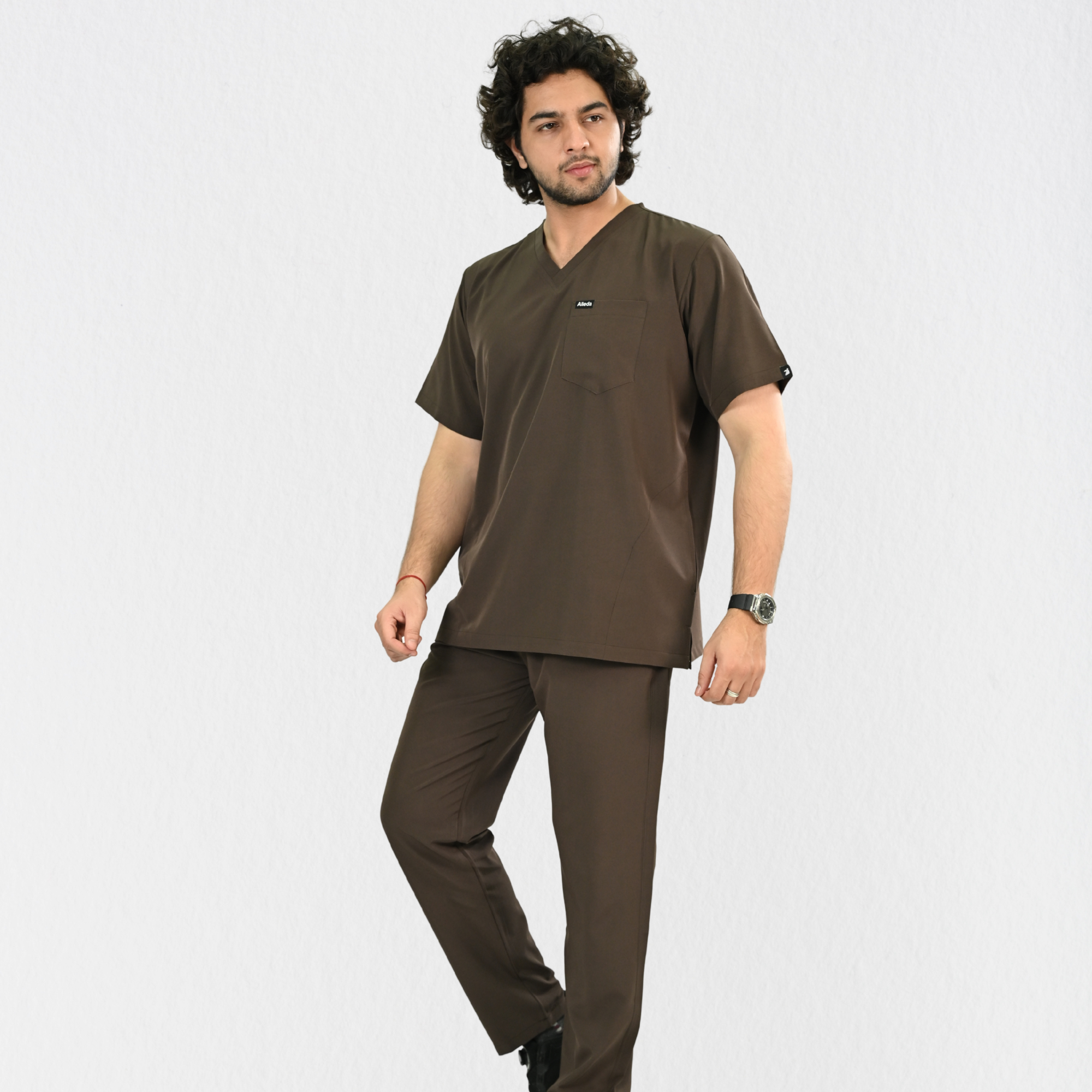 Men PrimaFlex 4 Way Stretch 8 Pocket V Neck Scrub Set - Dark Brown