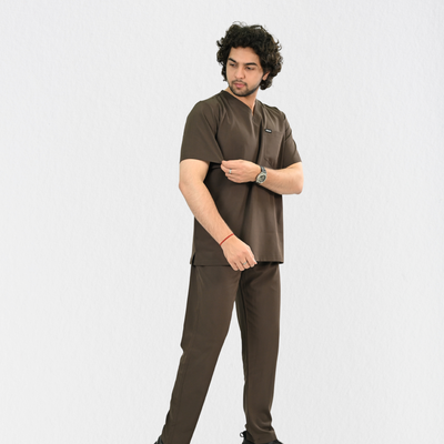 Men PrimaFlex 4 Way Stretch 8 Pocket V Neck Scrub Set - Dark Brown