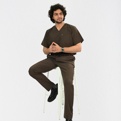 Men PrimaFlex 4 Way Stretch 8 Pocket V Neck Scrub Set - Dark Brown