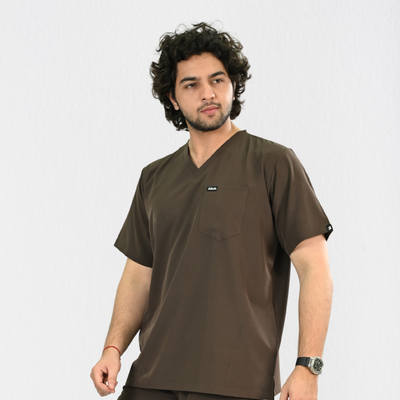 Men PrimaFlex 4 Way Stretch 3 Pocket Scrub Top - Dark Brown