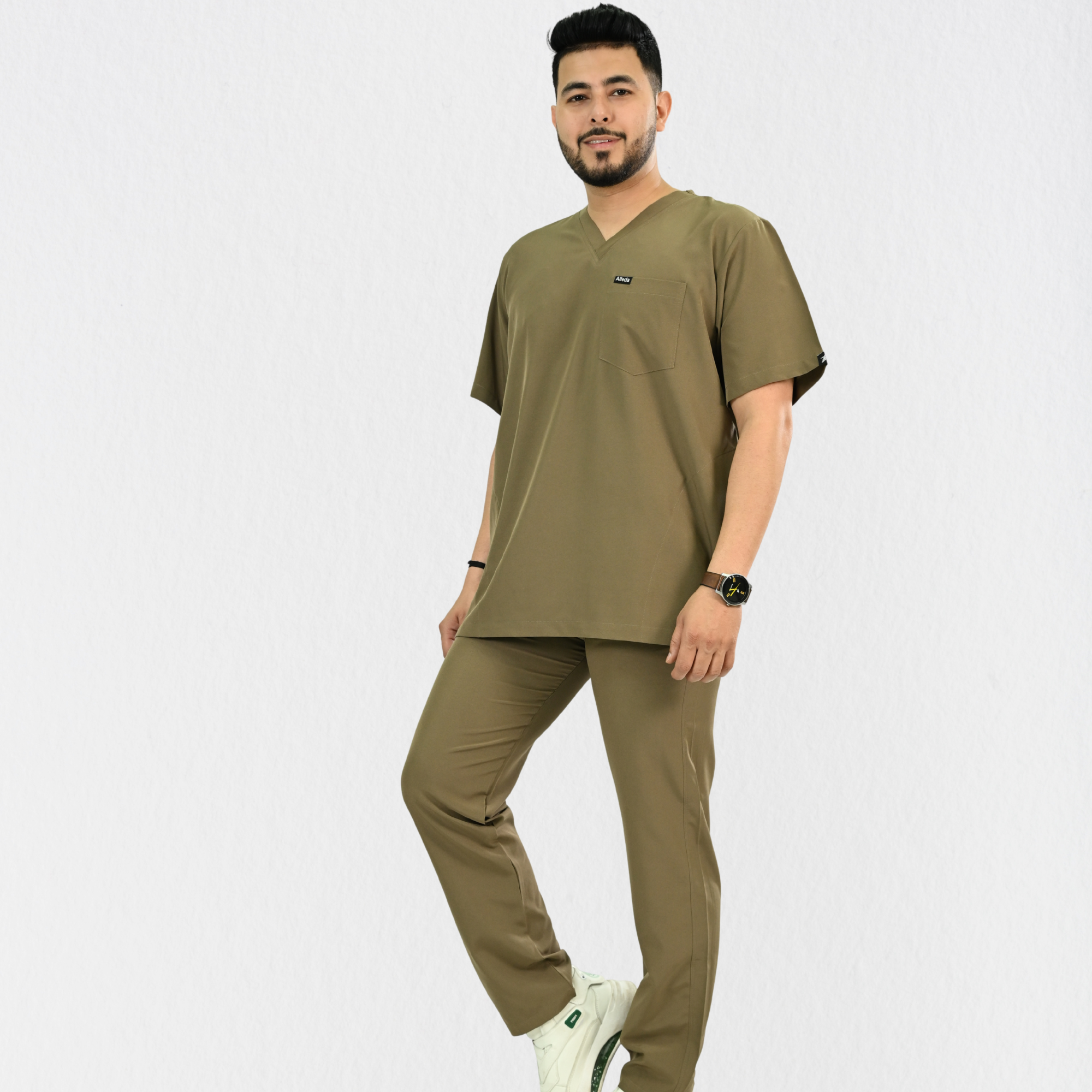 Men PrimaFlex 4 Way Stretch 8 Pocket V Neck Scrub Set - Khaki